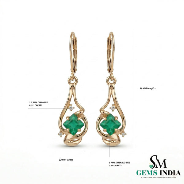 Modern Princess Cut Emerald Drop Earrings with Diamond Accents