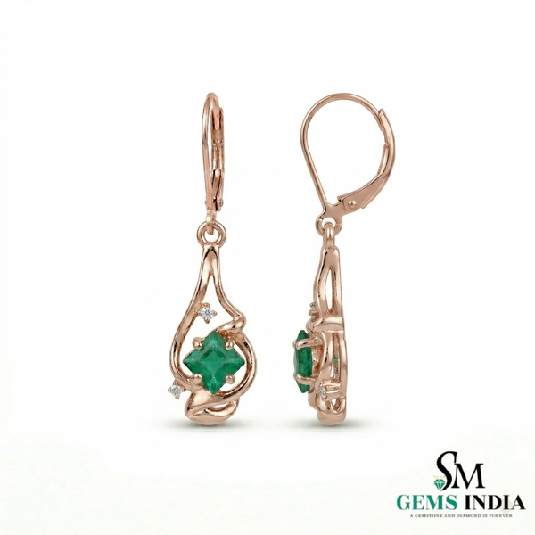 Modern Princess Cut Emerald Drop Earrings with Diamond Accents