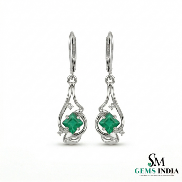Modern Princess Cut Emerald Drop Earrings with Diamond Accents