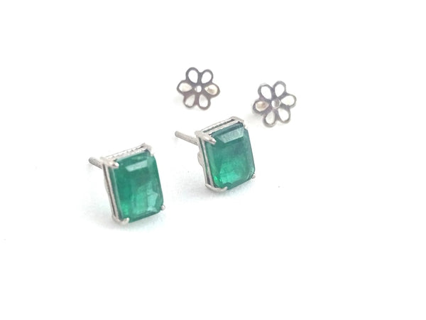 Emerald Earrings 14k Gold, Emerald Cut, Genuine Gemstone Studs