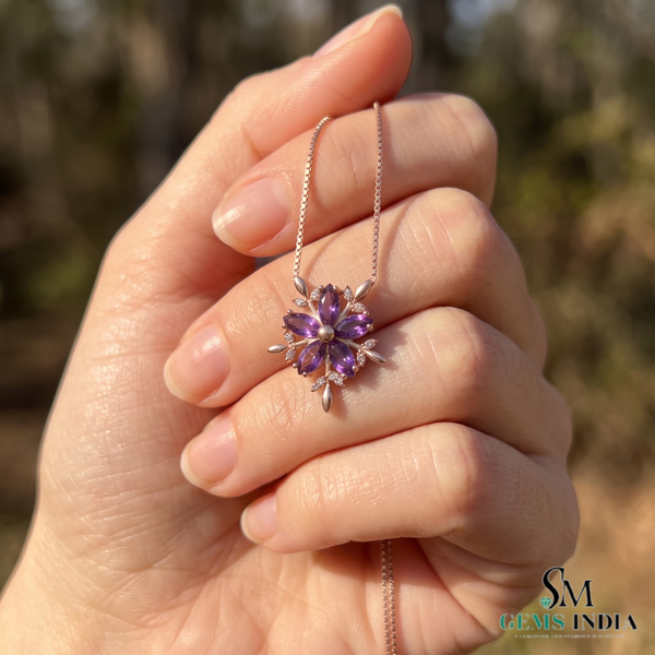 Marquise Amethyst Flower Pendant With Diamond Accents – Jewelry Gift For Her