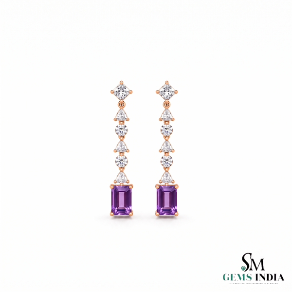 Emerald-Cut Amethyst & Diamond Earrings – February Birthstone Jewelry