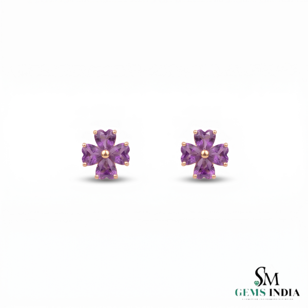 Heart Shape Amethyst Flower Stud Earrings - Elegant Gemstone Jewelry