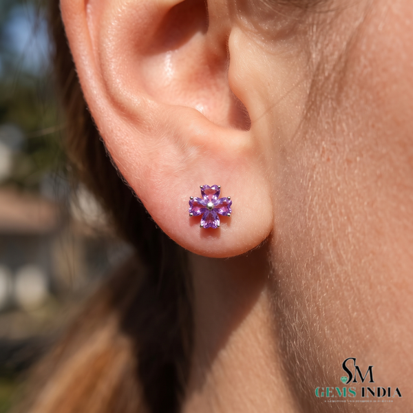 Heart Shape Amethyst Flower Stud Earrings - Elegant Gemstone Jewelry