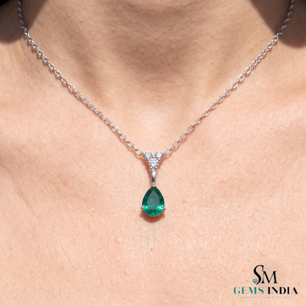 3.40 carat Luxury Pear Natural Emerald Pendant Necklace with Diamond Trio Accent