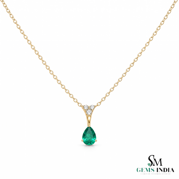 3.40 carat Luxury Pear Natural Emerald Pendant Necklace with Diamond Trio Accent