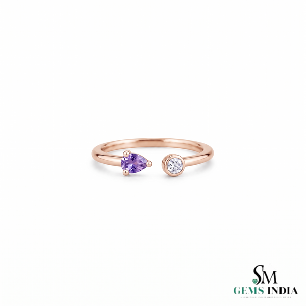 Pear Cut Natural Amethyst & Diamond Open Cuff Ring - Statement Ring for Women