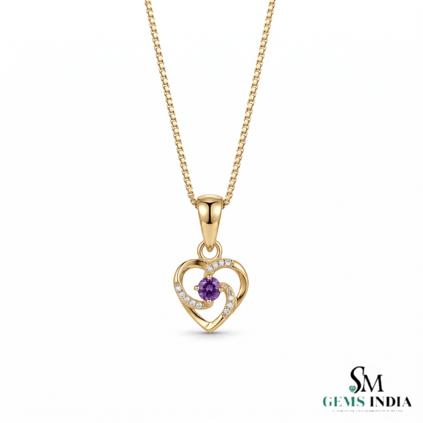 Natural Round Amethyst Heart Pendant With Diamond Accent - Romantic Jewelry Gift for Her