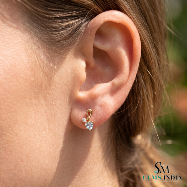 Natural Aquamarine & Diamond Heart Drop Earrings – Elegant Gold Jewelry