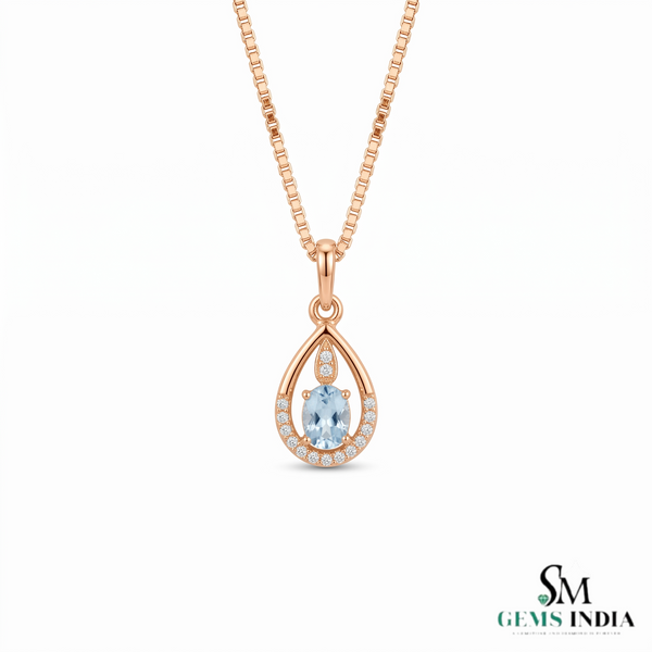 Natural Oval Cut Aquamarine Drop Pendant in a Diamond-Accented Tear Frame