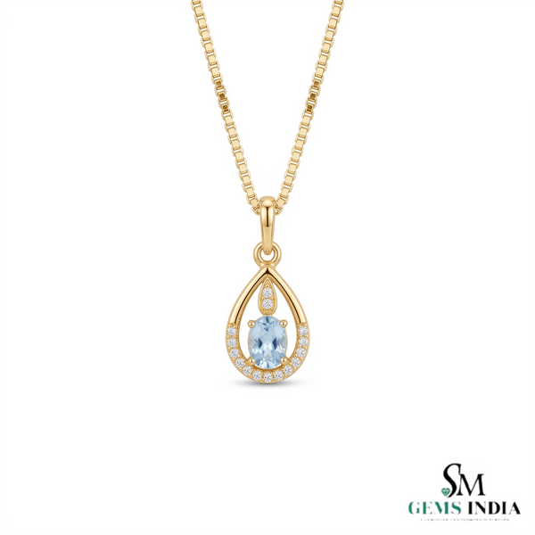 Natural Oval Cut Aquamarine Drop Pendant in a Diamond-Accented Tear Frame