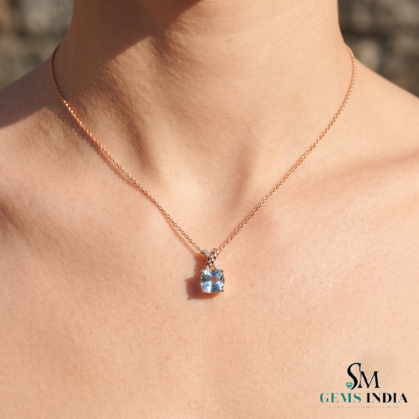 Cushion Cut Aquamarine and Diamond Accent X-Bail Pendant - Anniversary Jewelry Gift
