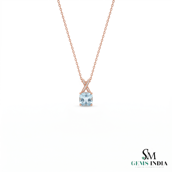 Cushion Cut Aquamarine and Diamond Accent X-Bail Pendant - Anniversary Jewelry Gift