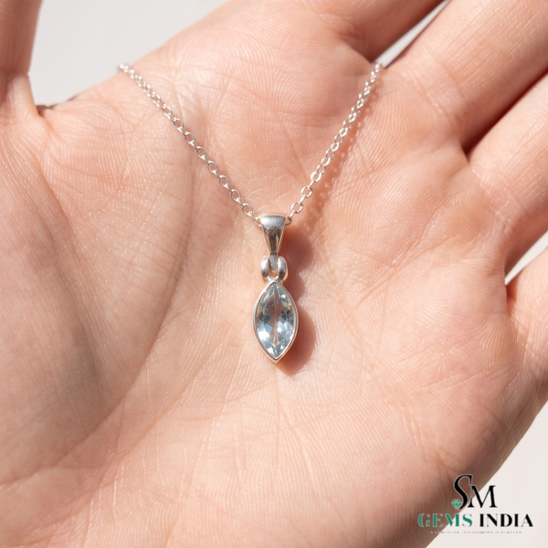 Genuine Marquise Cut Light Blue Aquamarine Solitaire Pendant - Gift For Her
