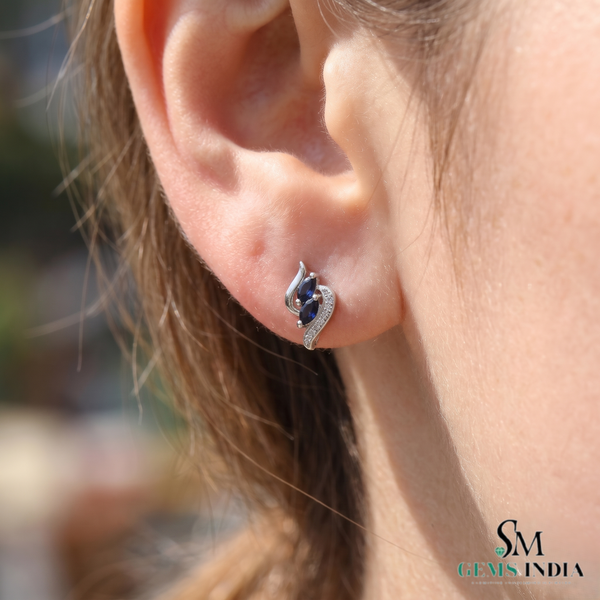 Blue Sapphire Marquise Leaf Earrings - Diamond Accent Fine Jewelry
