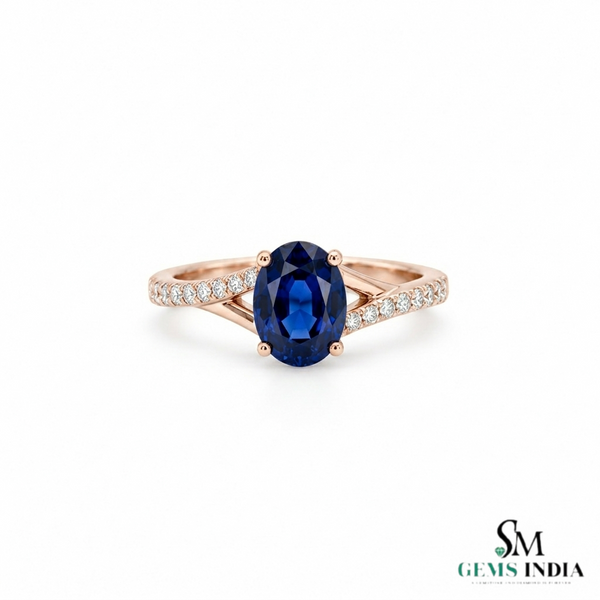Oval Sapphire Gold Ring with Diamond Embellished Band - Gift For Her