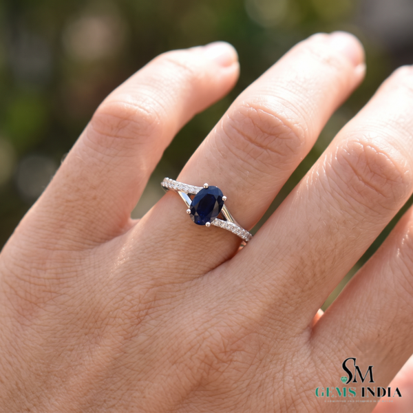 Oval Sapphire Gold Ring with Diamond Embellished Band - Gift For Her