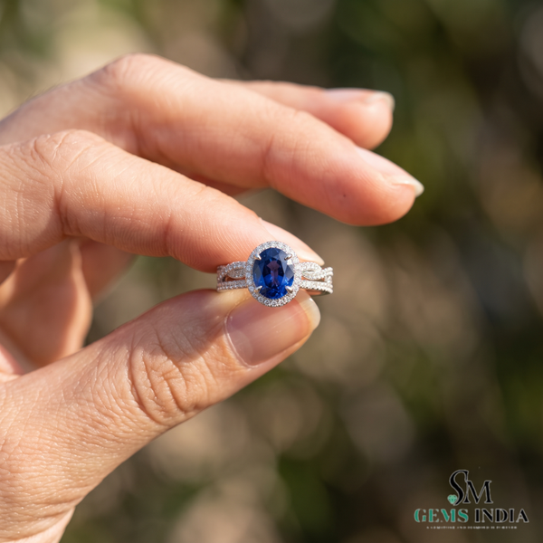 Oval Sapphire Ring with Sparkling Diamond Halo - Anniversary Gift