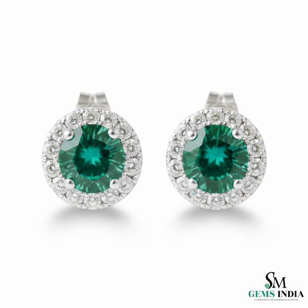 Natural Emerald and Diamond Halo Stud Earrings – Fine Gold Jewelry