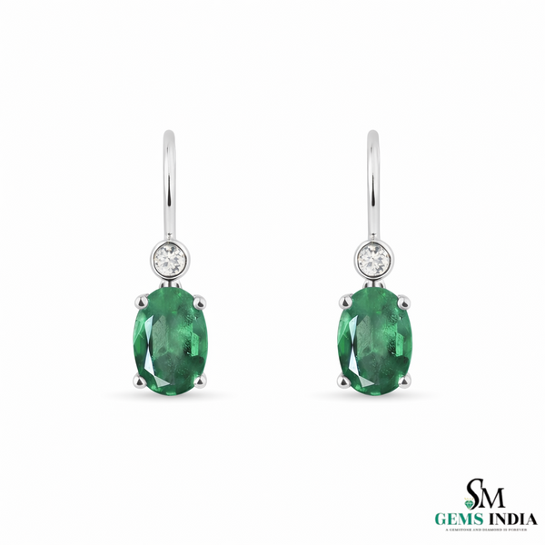 Oval Cut Green Emerald Drop Earrings with Diamond Accent– Classic Dangle Fine Jewelry