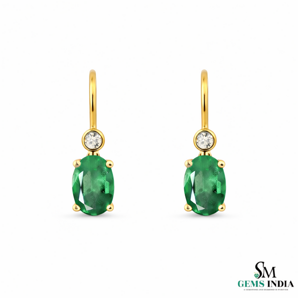Oval Cut Green Emerald Drop Earrings with Diamond Accent– Classic Dangle Fine Jewelry