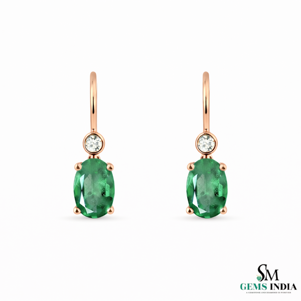 Oval Cut Green Emerald Drop Earrings with Diamond Accent– Classic Dangle Fine Jewelry