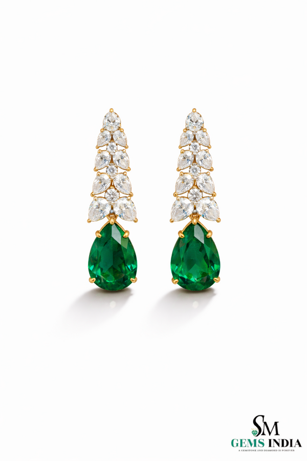 Pear Shape Emerald & Diamond Drop Earrings - Luxury Bridal Jewelry