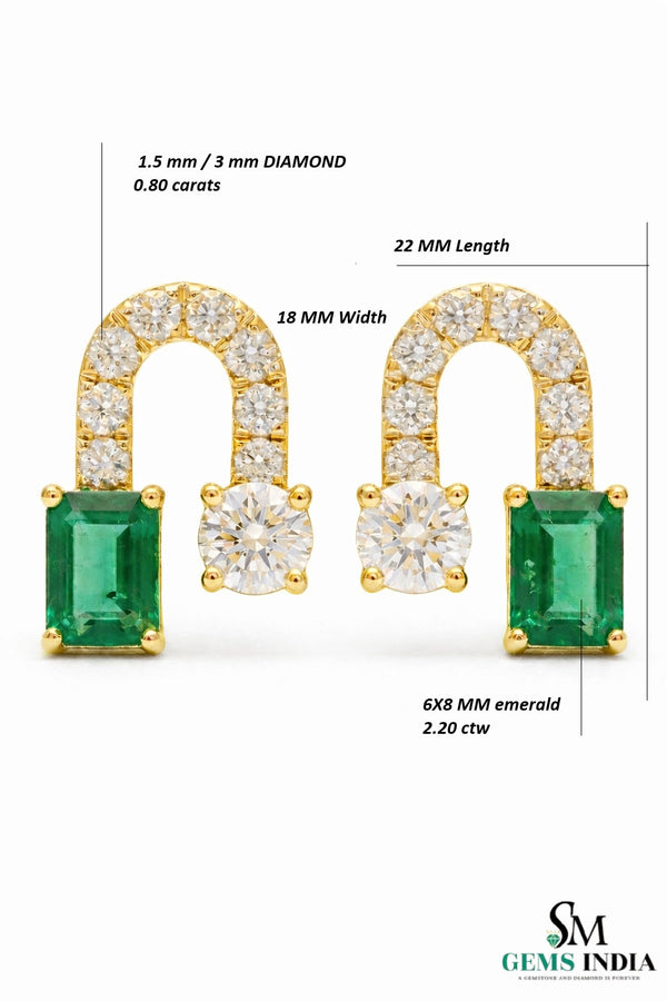 Emerald Cut Emerald & Diamond U-Hoop Stud Earrings