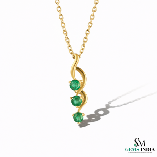 Three Stone Green Emerald Drop Twist Pendant - Halo Gemstone Pendant