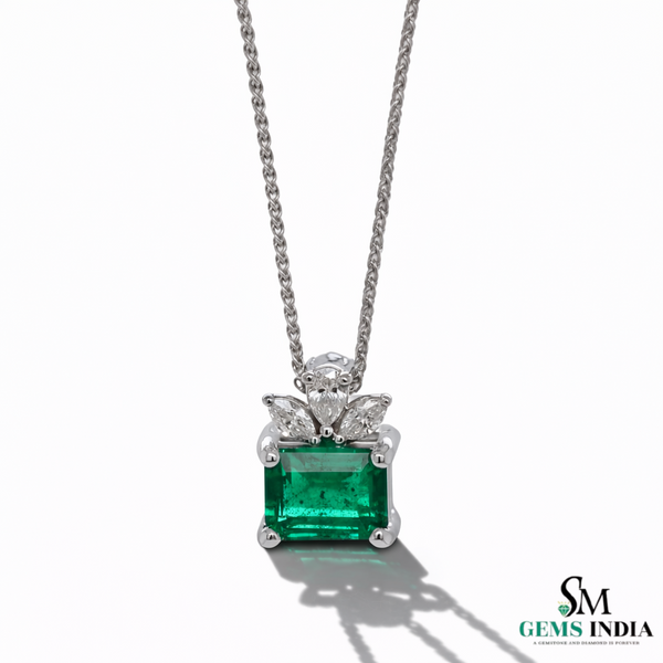Emerald Cut Green Emerald Pendant with Diamond Cluster Bail Pendant