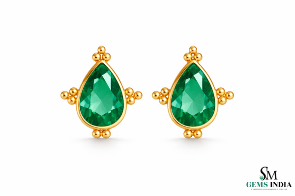 Pear Cut Emerald Stud Earrings – Teardrop Green Gemstone Minimalist Fine Jewelry for Women
