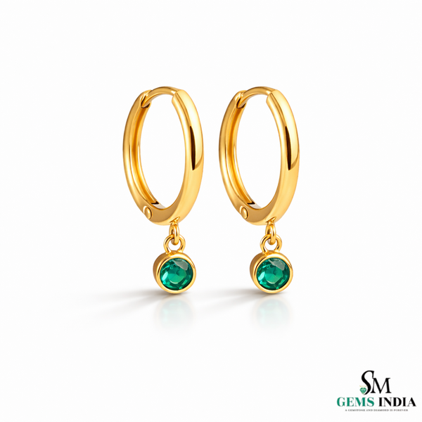 Emerald Drop Hoop Earrings in Gold – Round Emerald Dangle Huggie Earrings
