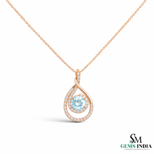 Classic Round Aquamarine Diamond Swirl Teardrop Pendant