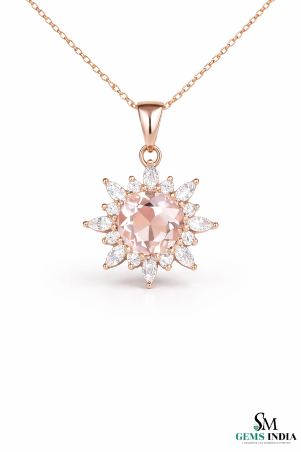 Round Pink Morganite & Diamond Halo Pendant - Morganite Diamond Pendant