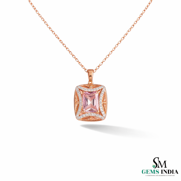Elegant Emerald Cut Morganite Pendant with Diamond Halo For Women