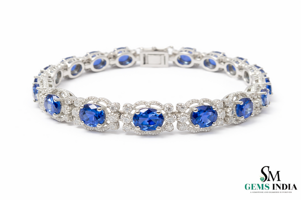 Classic Oval Blue Sapphire Bracelet with Diamond-Style Halo - Statement Jewelry