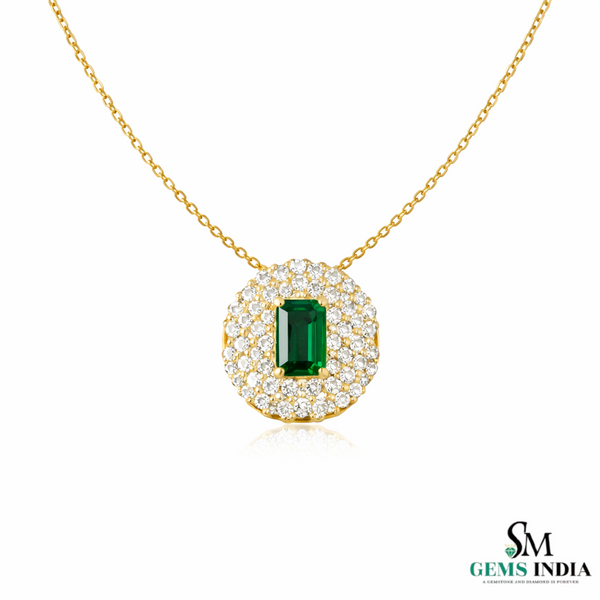Emerald Cut Green Emerald & Diamond Halo Pendant Necklace