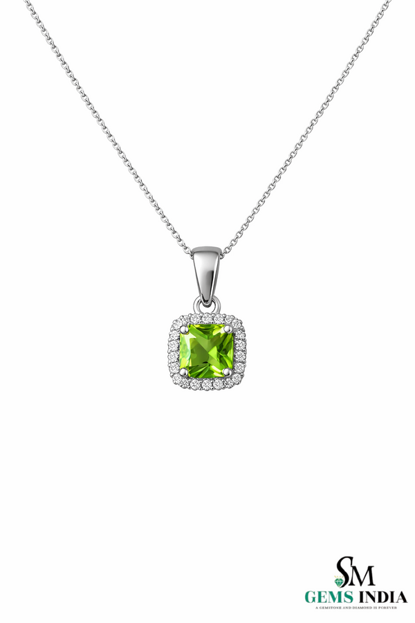 Cushion Cut Natural Peridot Diamond Halo Pendant For Woman