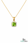 Cushion Cut Natural Peridot Diamond Halo Pendant For Woman