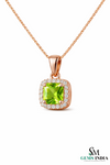 Cushion Cut Natural Peridot Diamond Halo Pendant For Woman