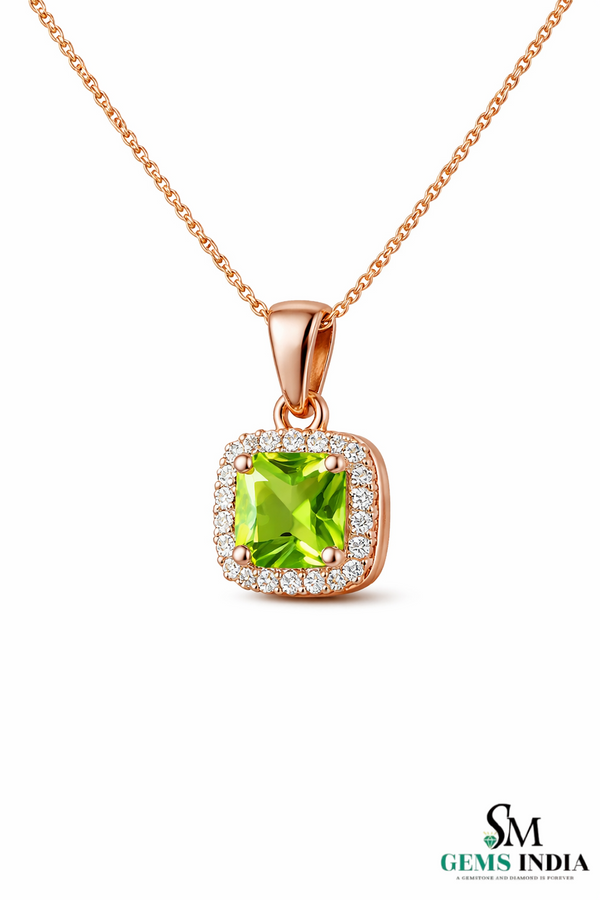 Cushion Cut Natural Peridot Diamond Halo Pendant For Woman