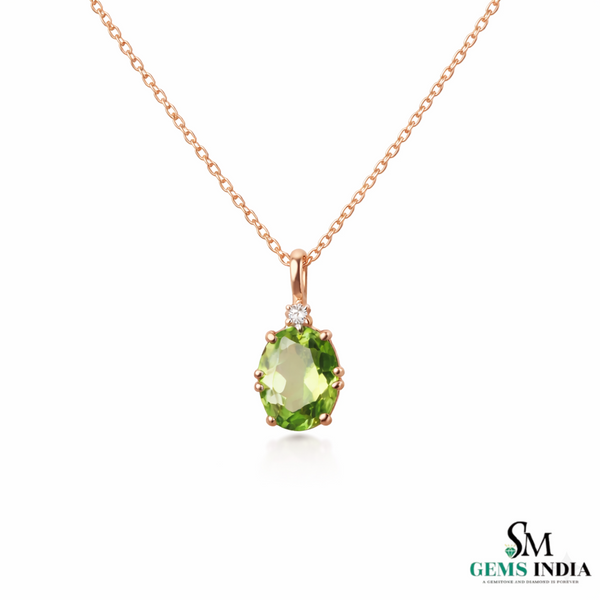Natural Green Peridot Oval Pendant with Diamond Accent