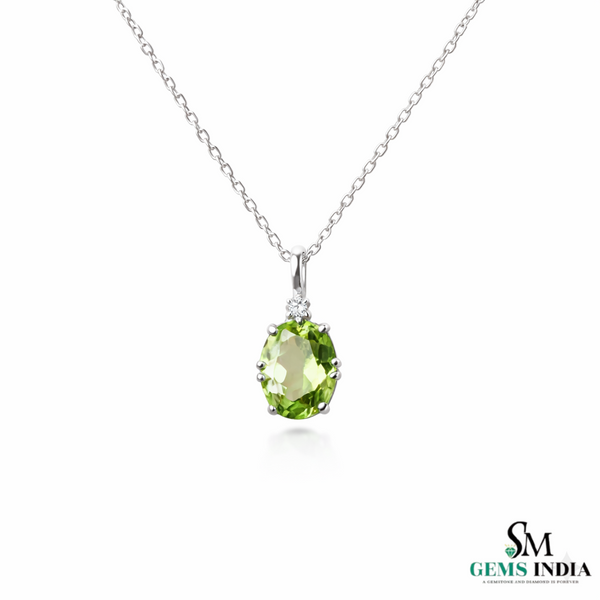 Natural Green Peridot Oval Pendant with Diamond Accent