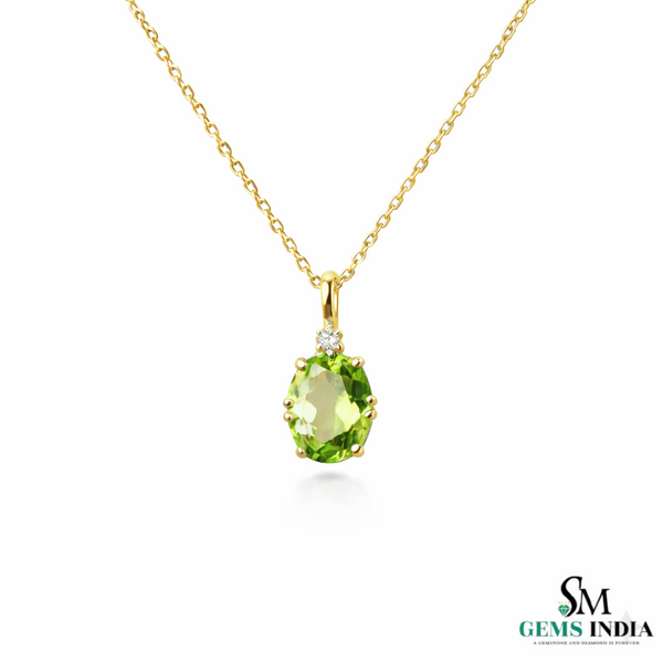 Natural Green Peridot Oval Pendant with Diamond Accent