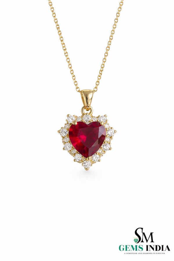 Heart Shape Red Ruby & Diamond Halo Pendant - Romantic Ruby Heart Pendant For Woman