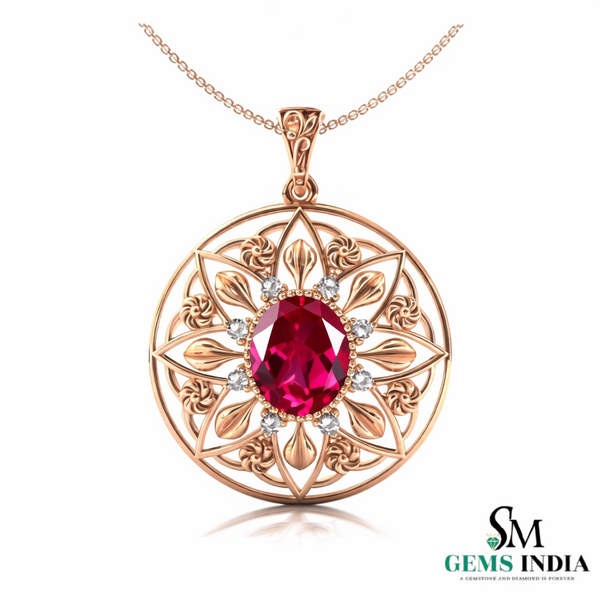 Oval Red Ruby Statement Pendant Intricate Floral Gold Jewelry