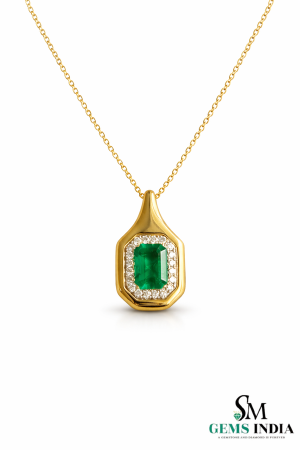 Emerald Cut Green Emerald Diamond Cluster Pendant for Women