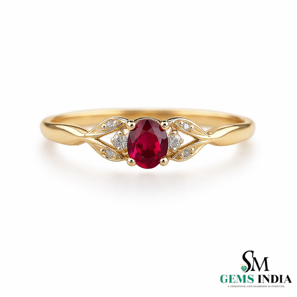 Natural Oval Ruby Ring with Diamond Leaf Design - Classic Ruby Jewelry