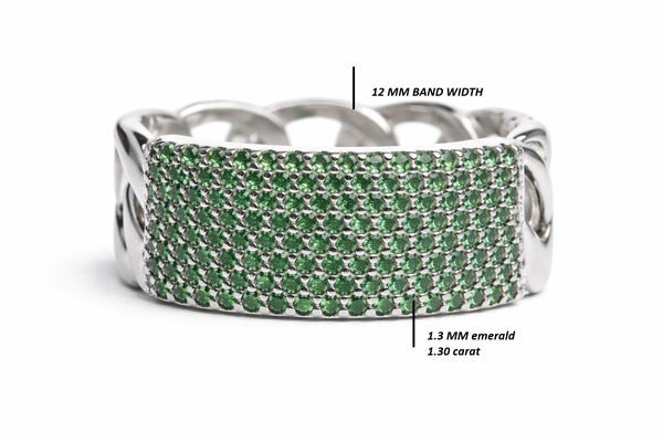1.30 carat Round Shaped Natural Emerald Iced Out Green Stone Chain Link Ring For men's