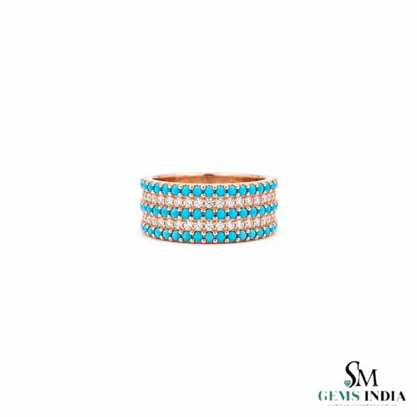 Turquoise Beaded Band Ring With Diamond Accent Rows - Gift For Her